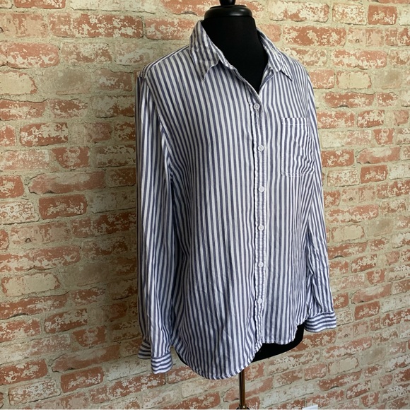 BEACHLUNCHLOUNGE Blue Striped Blouse Large Buttondown - Picture 7 of 11